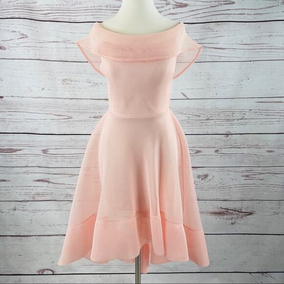 Just Me pink high low mesh off shoulder knit - Picture 1 of 15